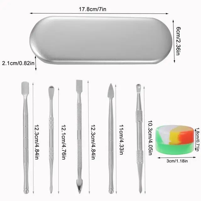 Dabbing Werkzeug Set – 6-teilig mit Silikonbehältern und Metallbox