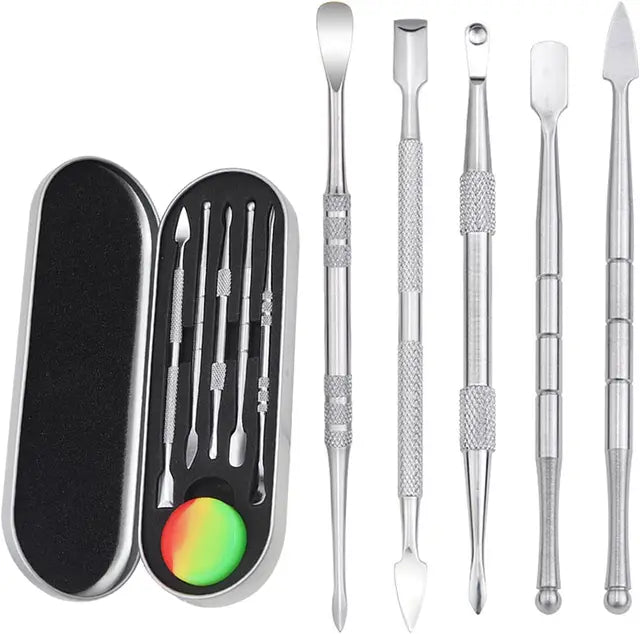 Dabbing Werkzeug Set – 6-teilig mit Silikonbehältern und Metallbox